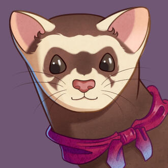 Drawing of a ferret looking at you and smiling, wearing a dark pink scarf around its neck.